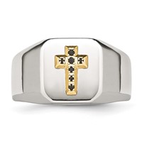Chisel Stainless Steel Polished Ring with 14K Gold Accent 0.07 Carat Sapphire Cross Signet view 4