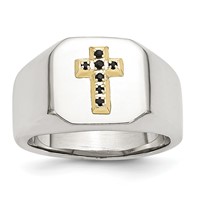 Chisel Stainless Steel Polished Ring with 14K Gold Accent 0.07 Carat Sapphire Cross Signet view 1