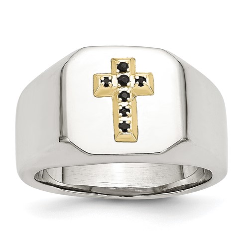 Chisel Stainless Steel Polished Ring with 14K Gold Accent 0.07 Carat Sapphire Cross Signet