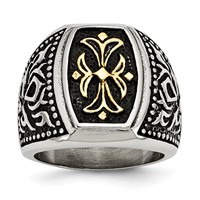 Stainless Steel Antiqued Polished & Textured Yellow IP-plated Cross Ring view 1