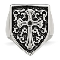 Chisel Stainless Steel Antiqued and Polished 0.05 Carat Black Diamond Shield Ring view 4