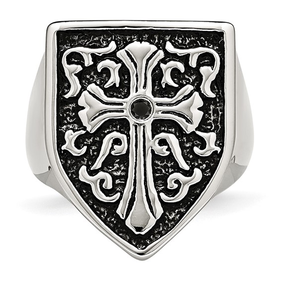 Chisel Stainless Steel Antiqued and Polished 1/20 Carat Black Diamond Shield Ring