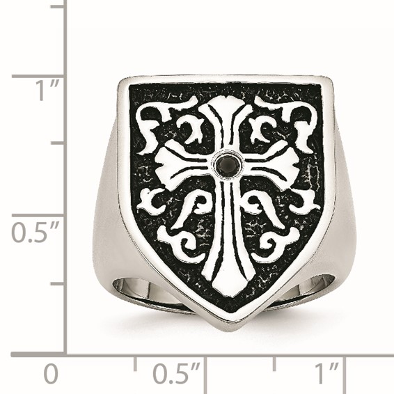 Chisel Stainless Steel Antiqued and Polished 1/20 Carat Black Diamond Shield Ring