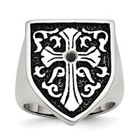 Chisel Stainless Steel Antiqued and Polished 0.05 Carat Black Diamond Shield Ring view 1