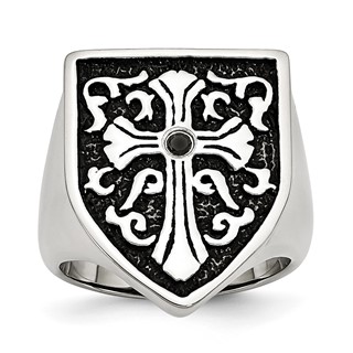 Chisel Stainless Steel Antiqued and Polished 1/20 Carat Black Diamond Shield Ring