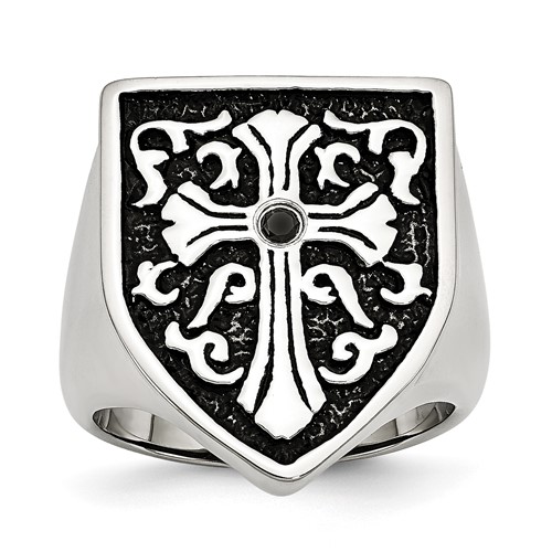 Chisel Stainless Steel Antiqued and Polished 0.05 Carat Black Diamond Shield Ring