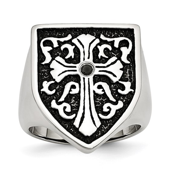 Chisel Stainless Steel Antiqued and Polished 1/20 Carat Black Diamond Shield Ring