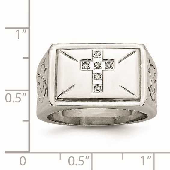 Chisel Stainless Steel Polished and Textured 1/15 Carat Diamond Cross 13.25mm Band