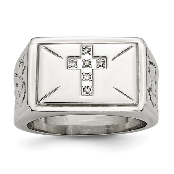 Chisel Stainless Steel Polished and Textured 1/15 Carat Diamond Cross 13.25mm Band