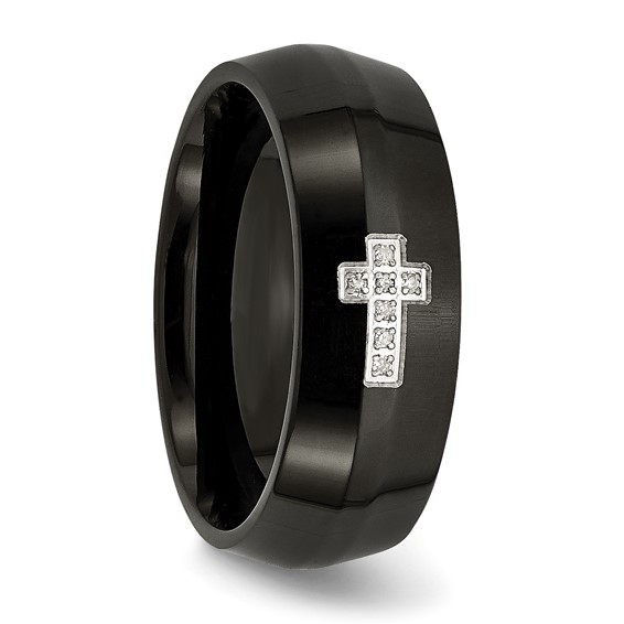 Chisel Stainless Steel Polished Black IP-plated 2pt Diamond Cross 8mm Band