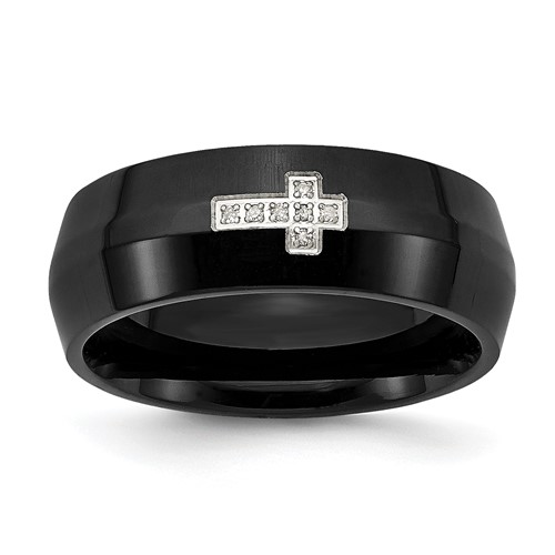 Chisel Stainless Steel Polished Black IP-plated 2pt Diamond Cross 8mm Band