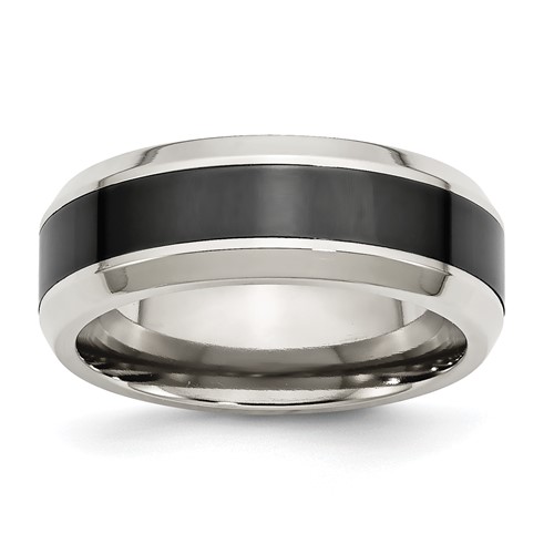 Chisel Stainless Steel Base Band with Polished Black Ceramic Center Beveled