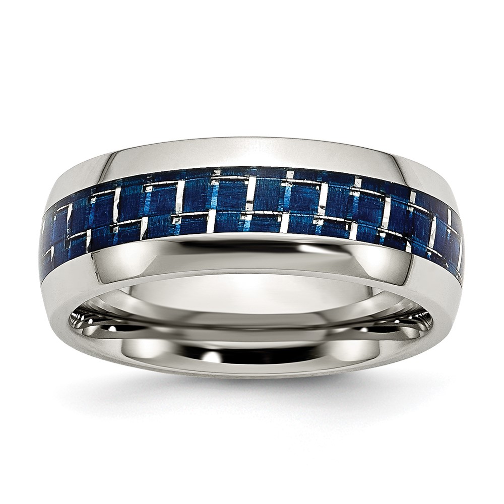 Stainless Steel Polished w/Blue Carbon Fiber Inlay 8mm Band