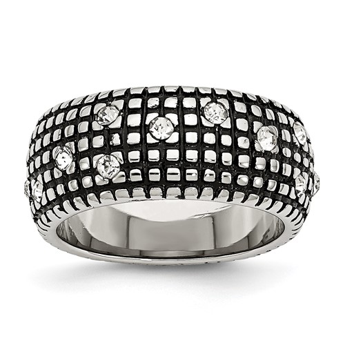 Stainless Steel Antiqued and Polished Band with Crystal 10mm