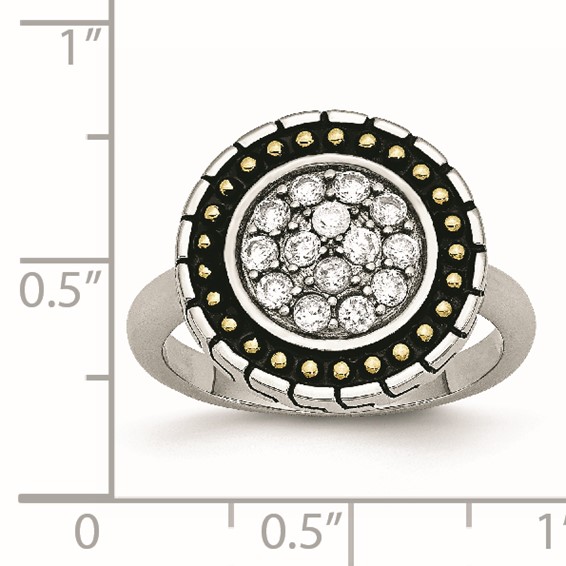 Stainless Steel CZ with Yellow IP-plated Accent Antiqued Ring
