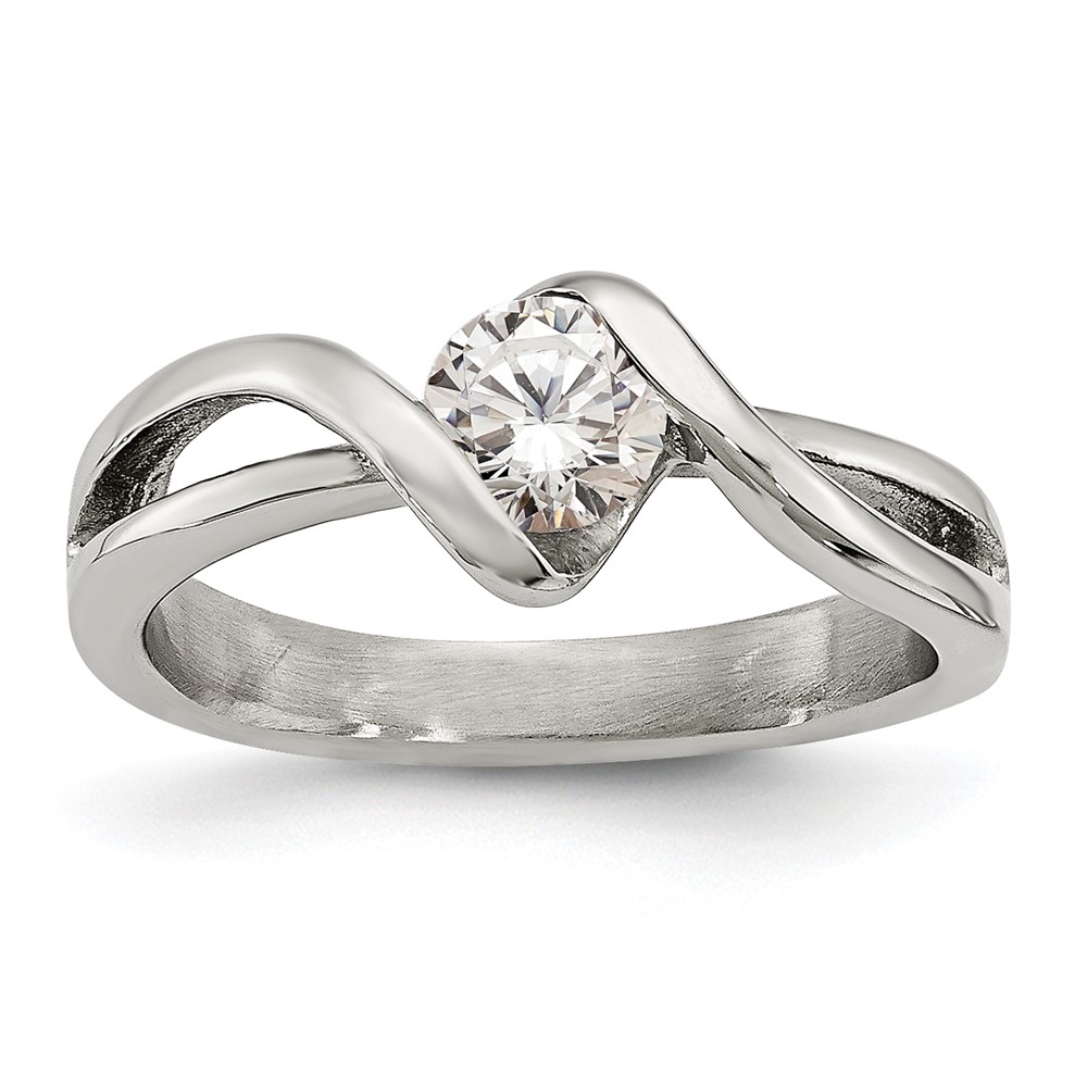 Chisel Stainless Steel Polished Twist Ring with Round CZ