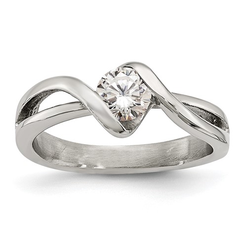 Chisel Stainless Steel Polished Twist Ring with Round CZ