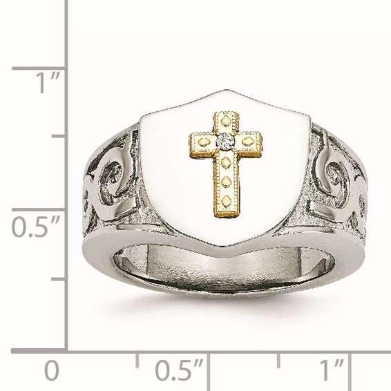 Chisel Stainless Steel Polished with 10K Gold Cross and .02 Carat Diamond Ring