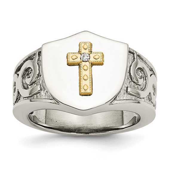 Chisel Stainless Steel Polished with 10K Gold Cross and .02 Carat Diamond Ring