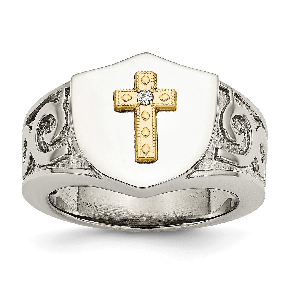 Stainless Steel Polished w/10K Gold Cross and .02ct Diamond Ring