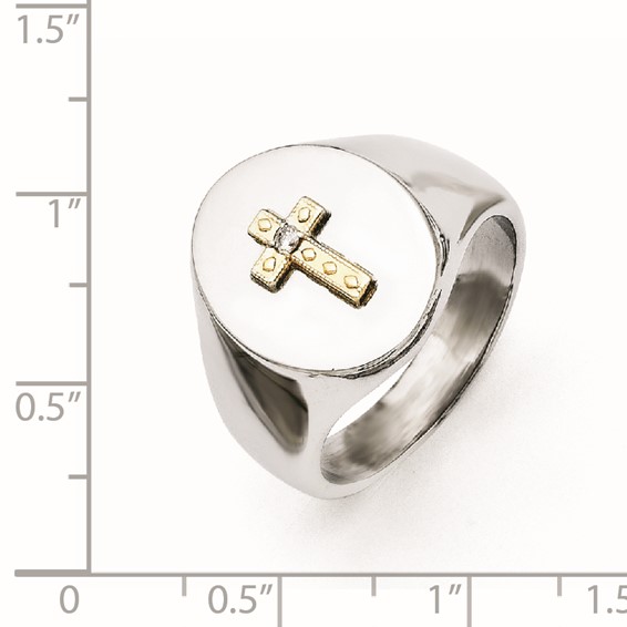 Chisel Stainless Steel Polished with 10K Gold Cross and .02 Carat Diamond Ring
