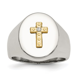 Chisel Stainless Steel Polished with 10K Gold Cross and .02 Carat Diamond Ring
