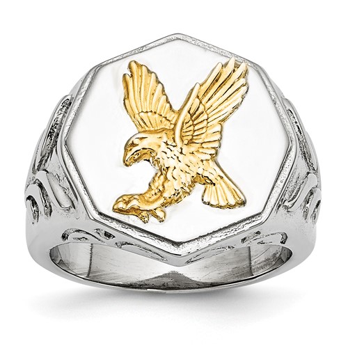 Chisel Stainless Steel Polished Yellow IP-plated Ring with Sterling Silver Eagle