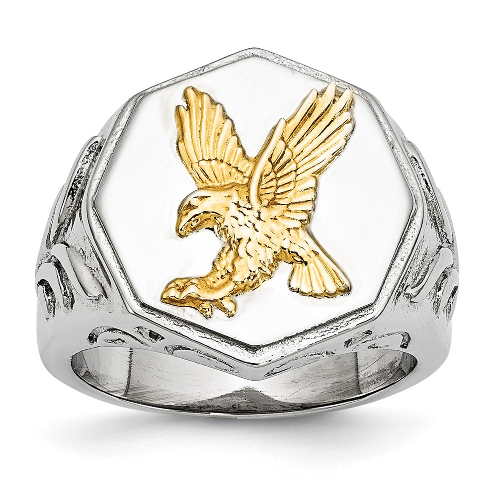 Stainless Steel Polished Yellow IP-plated w/Sterling Silver Eagle Ring