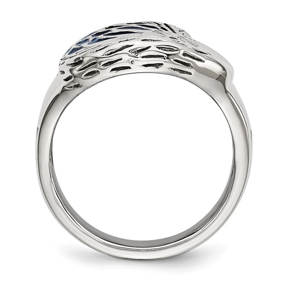 Chisel Stainless Steel Polished and Textured Blue Enamel Eagle Ring