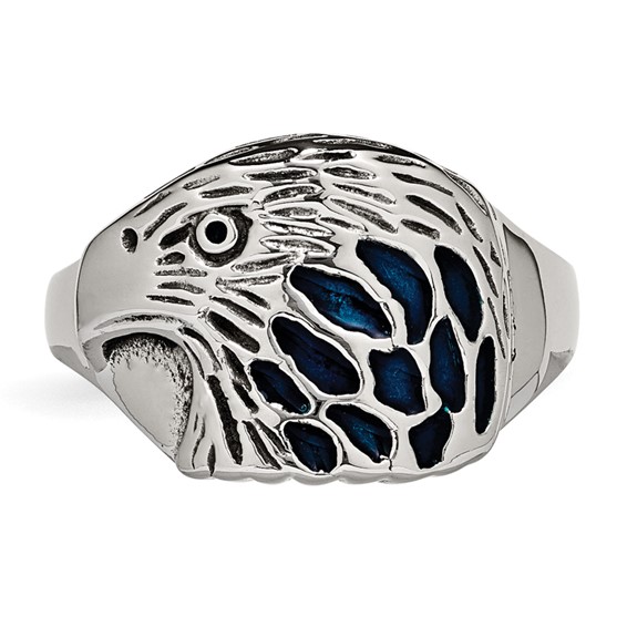 Chisel Stainless Steel Polished and Textured Blue Enamel Eagle Ring