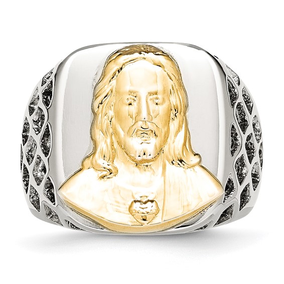 Chisel Stainless Steel with Sterling Silver Jesus Yellow IP-plated Polished Ring