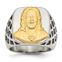 Chisel Stainless Steel Ring with Sterling Silver Jesus Yellow IP-plated Polished view 1
