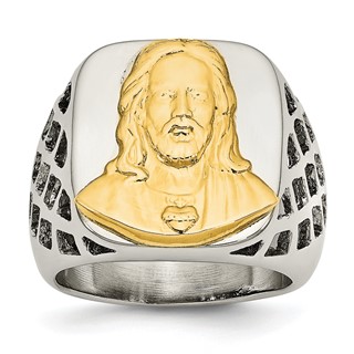 Chisel Stainless Steel with Sterling Silver Jesus Yellow IP-plated Polished Ring