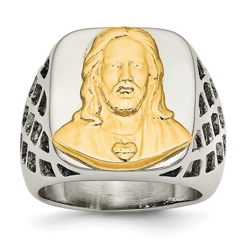 Chisel Stainless Steel Ring with Sterling Silver Jesus Yellow IP-plated Polished