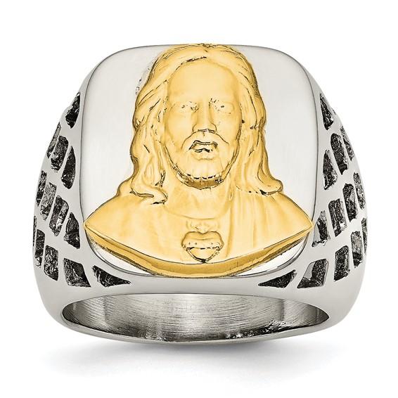 Chisel Stainless Steel with Sterling Silver Jesus Yellow IP-plated Polished Ring