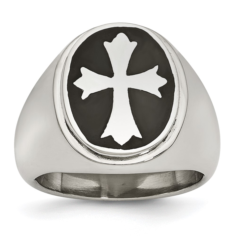 Stainless Steel Polished Black Enameled Cross Ring