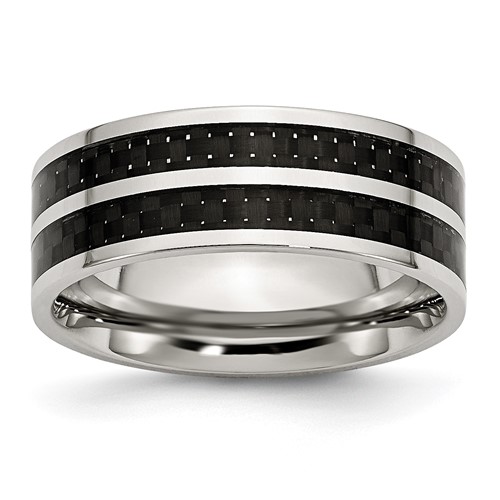 Chisel Stainless Steel Polished Band with Double Row Black Carbon Fiber Inlay 8mm