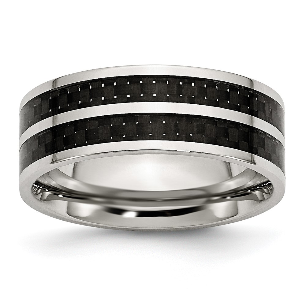 Stainless Steel Polished Double Row Black Carbon Fiber Inlay 8mm Band