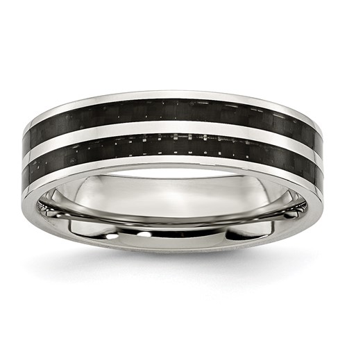 Chisel Stainless Steel Polished Band with Double Row Black Carbon Fiber Inlay 6mm