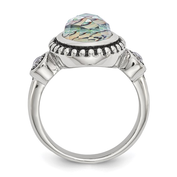 Chisel Stainless Steel Antiqued and Polished Imitation Abalone and CZ Ring