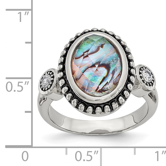 Chisel Stainless Steel Antiqued and Polished Imitation Abalone and CZ Ring