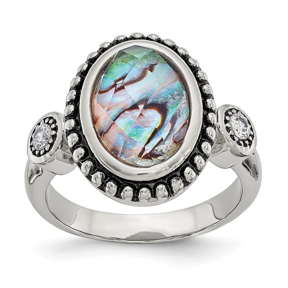Chisel Stainless Steel Antiqued and Polished Imitation Abalone and CZ Ring