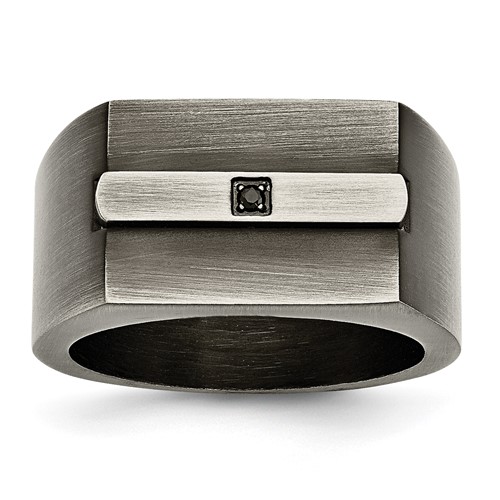Chisel Stainless Steel Antiqued and Brushed Ring with Black CZ Signet