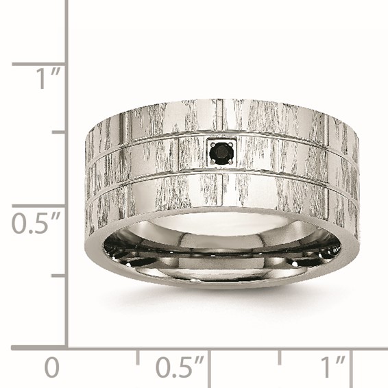 Chisel Stainless Steel Brushed and Polished with Black CZ 10mm Flat Band