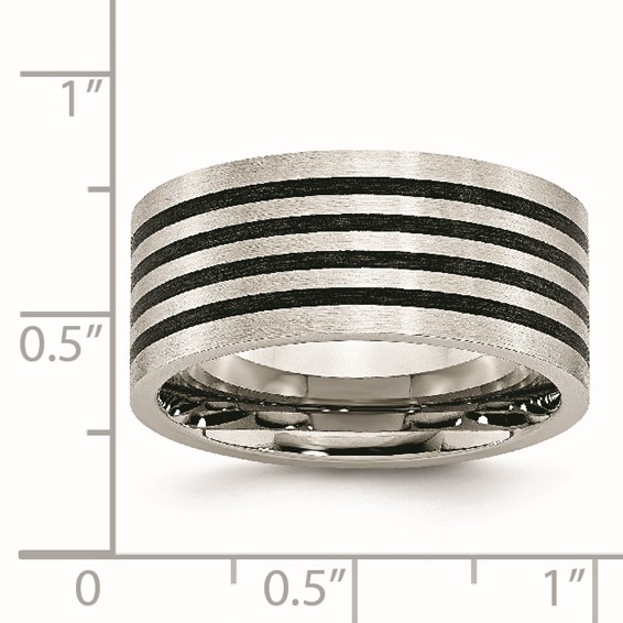 Stainless Steel Brushed w/Black Rubber Stripes 10mm Flat Band