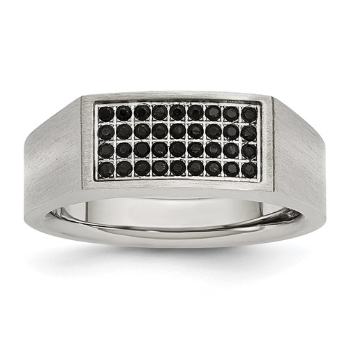Chisel Stainless Steel Brushed and Polished Ring with Black CZ