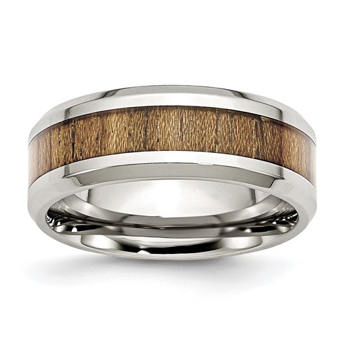 Chisel Stainless Steel Polished Band with Koa Wood Inlay Enameled 8mm