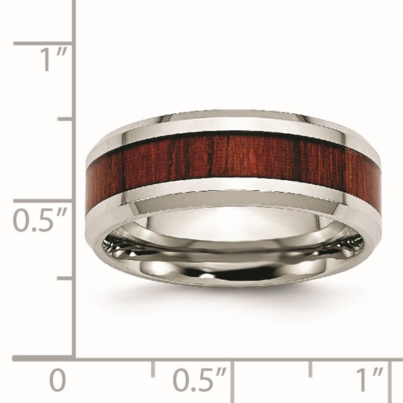 Chisel Stainless Steel Polished with Red Koa Wood Inlay Enameled 8mm Band