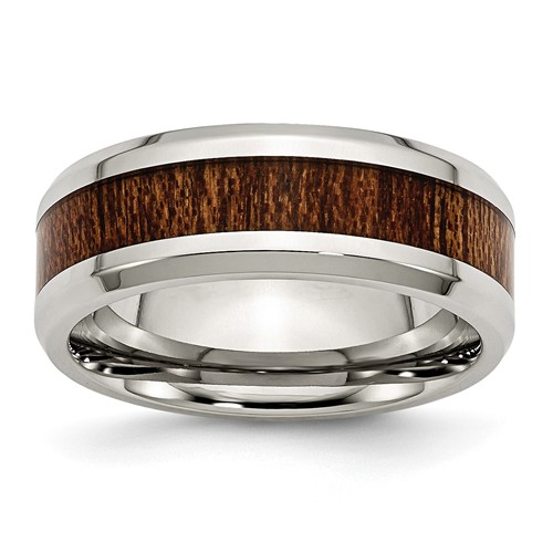 Chisel Stainless Steel Polished Band with Brown Koa Wood Inlay Enameled 8mm