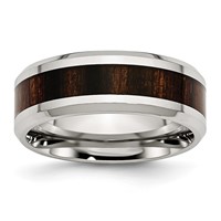 Chisel Stainless Steel Polished Band with Black Koa Wood Inlay Enameled 8mm view 1